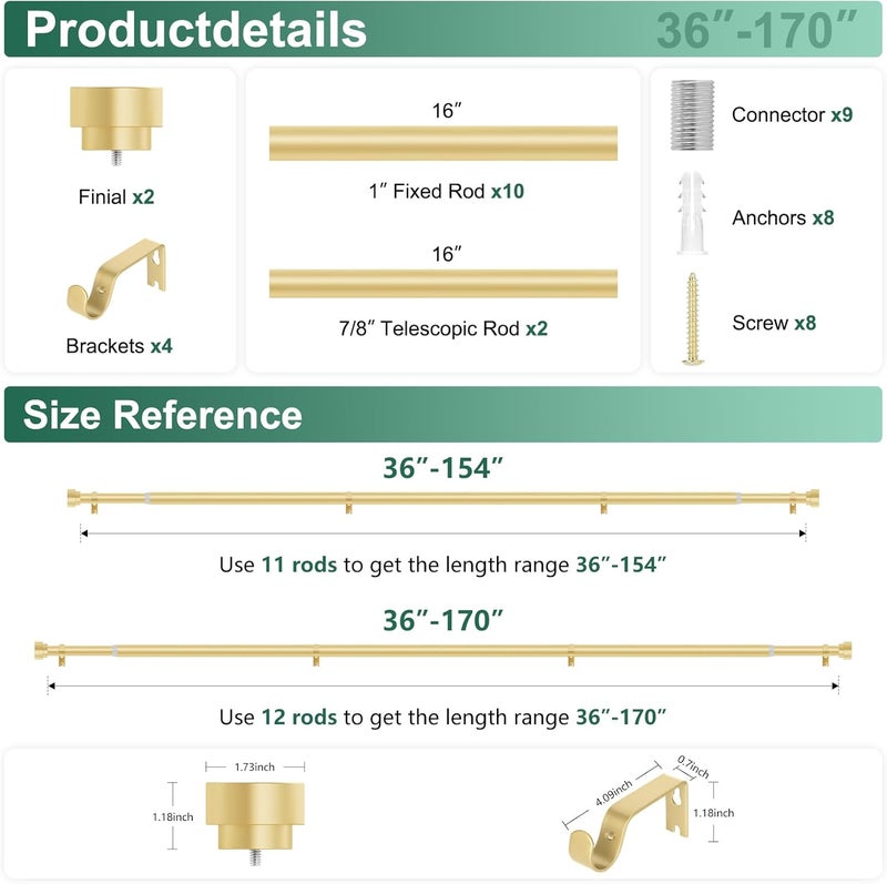 hei! dear Extra Long Curtain Rods 120 to 170 Inch(10-14ft),1Inch Gold Adjustable Extra Long Curtain Rod,Heavy Duty,Decorative Window Curtains Rods for Bedroom,120-170 - Image 5